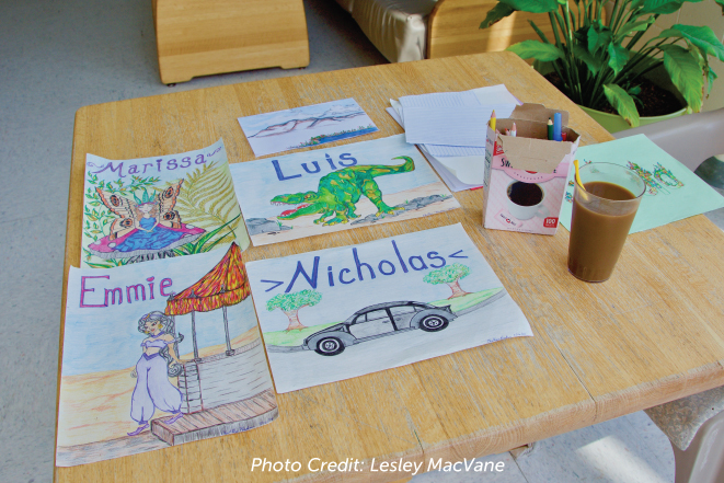 artwork on a table with supplies stored in a used creamer box