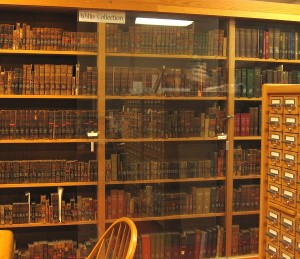 Photograph of the glass cases in the Portland Room that hold The Willis Collection.