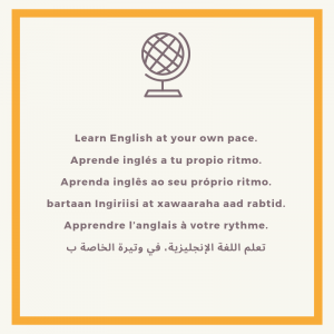 Graphic with "Learn English at your own pace" in different languages.