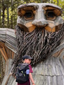 Young boy stands in front of a large troll sculpture made of reclaimed wood. This troll has a beard made of sticks and is named Birk.