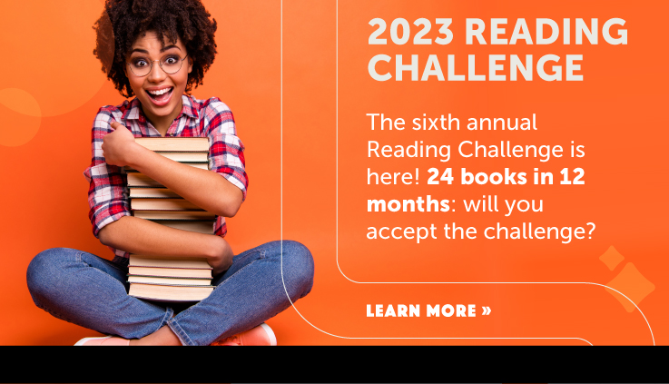 Woman holding a stack of books, asking, 24 books in 12 months: will you accept the challenge?