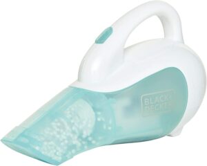 A light blue and white handheld toy vacuum.