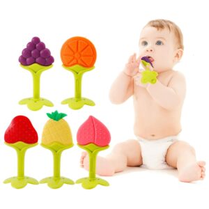 Five teething toys that are shaped like fruit.