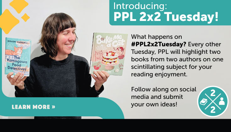 Elizabeth holds two books about cats for #PPL2x2Tuesday