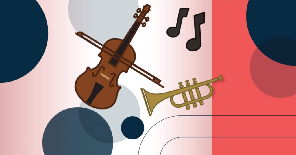 An illustration of both a violin and a trumpet with music nots in the background.
