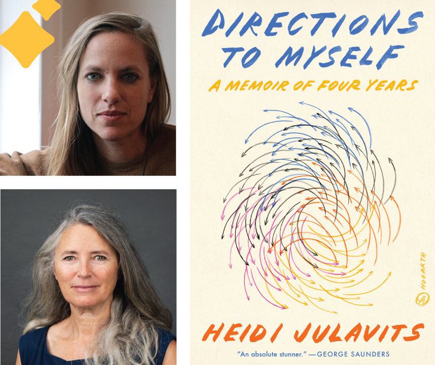 photos of Heidi Julavits (above) and Mary Pols (below) next to the cover of Julavits' book "Directions to Myself" (right)