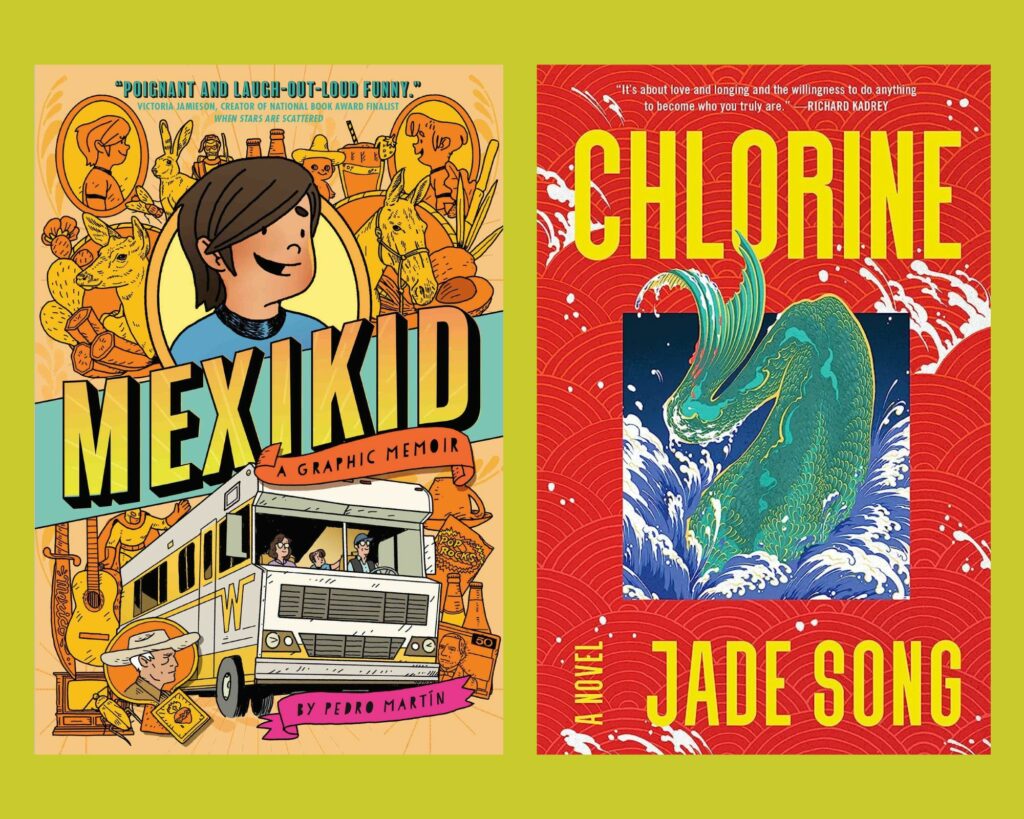 Two book covers side by side. On the left is the cover of "Mexikid" a graphic memoir by Pedro Martín, and on the right is "Chlorine" a novel by Jade Song.
