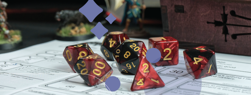 multi-sided dice sit on a D&D character sheet with figurines in the background.