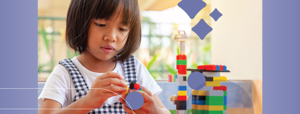 a decorative image of a young girl playing with Legos. 