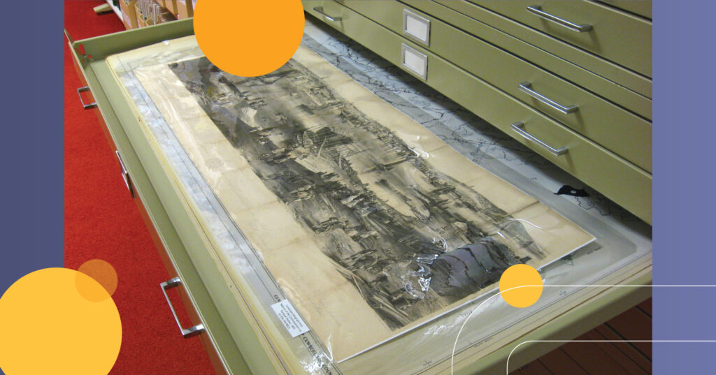 Flat files open to reveal an historic wood cut depicting the Old Port of Portland Maine