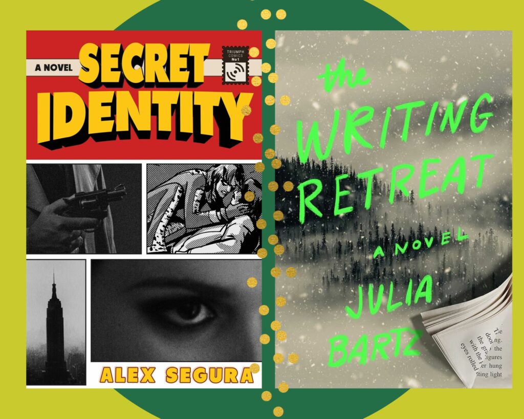 Side-by-side images of the books "Secret Identity" and "The Writing Retreat." 