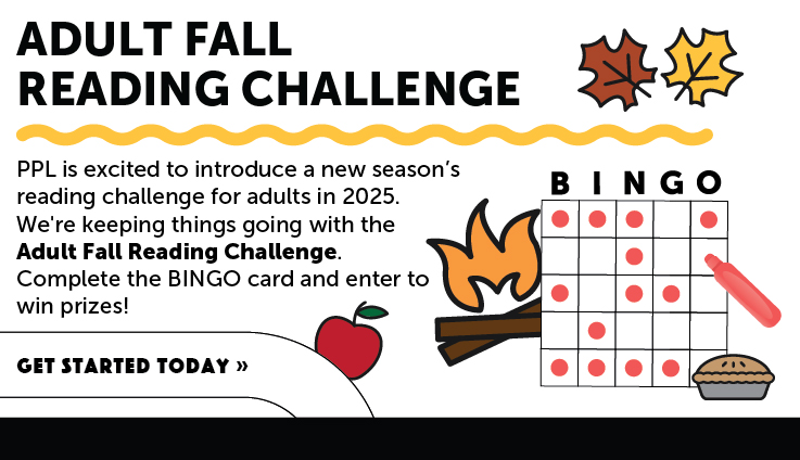 Slide graphic for Adult Fall Reading Challenge. Click on the graphic to get the Fall Bingo card and start reading!