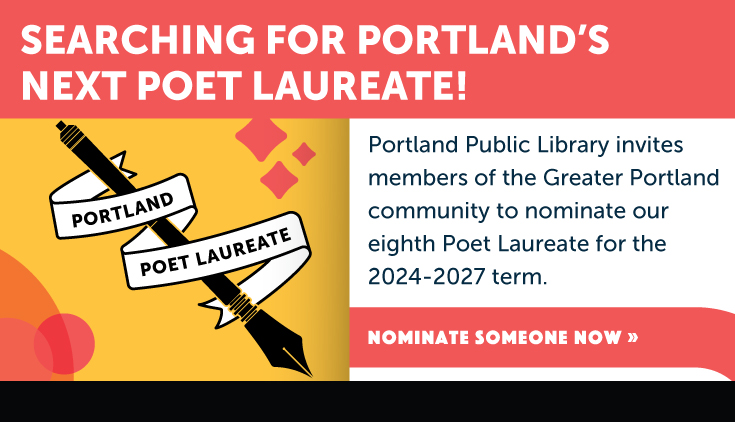 the words "Portland Poet Laureate" wrap around the image of a fountain pen that is passed from one poet laureate to the next