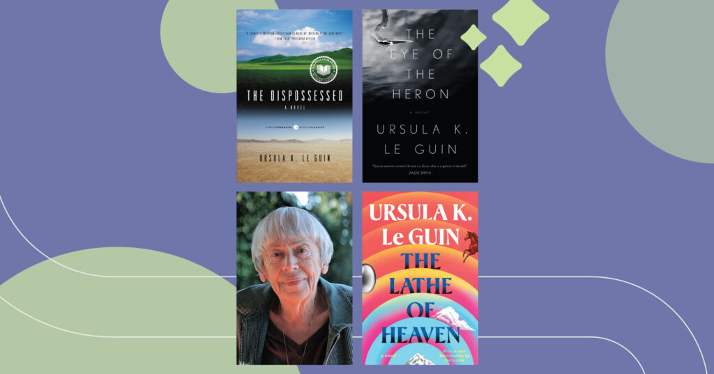 Three books by Ursula K. Le Guin appear next to a photo of the author