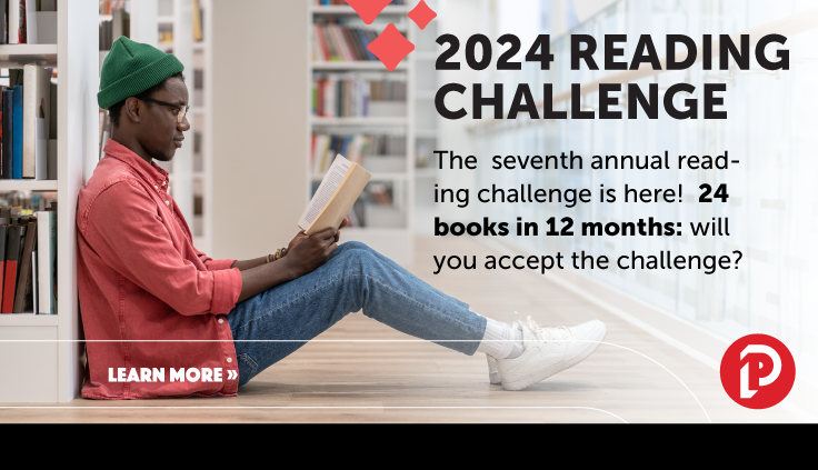 Man reading book in the library, asking, 24 books in 12 months: will you accept the challenge?