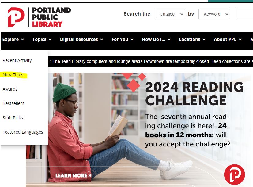 This image highlights the New Titles section under the Explore tab on the Portland Public Library's webpage. 