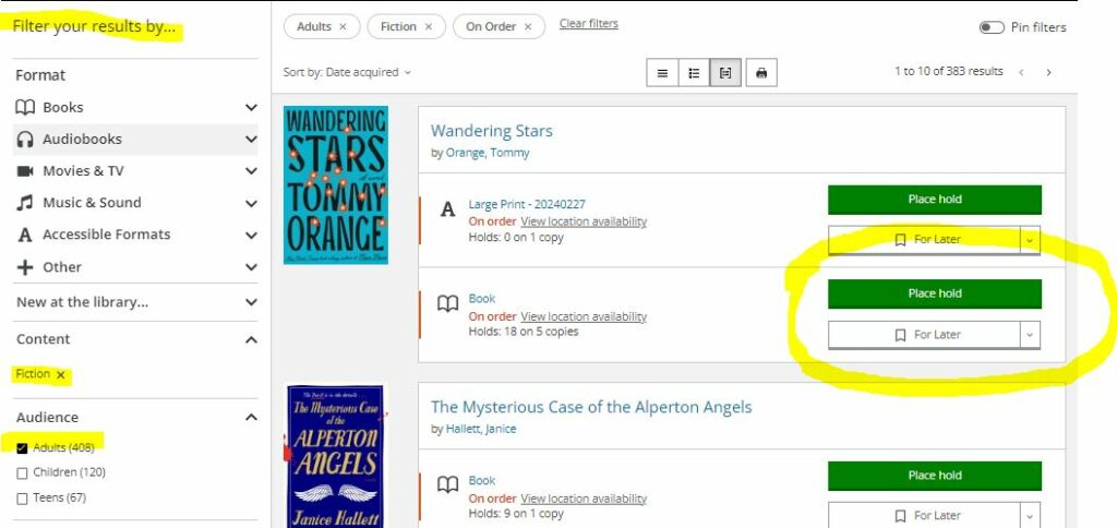 This image highlights the "Filter your results by" column and the "Place hold" tabs on the website.