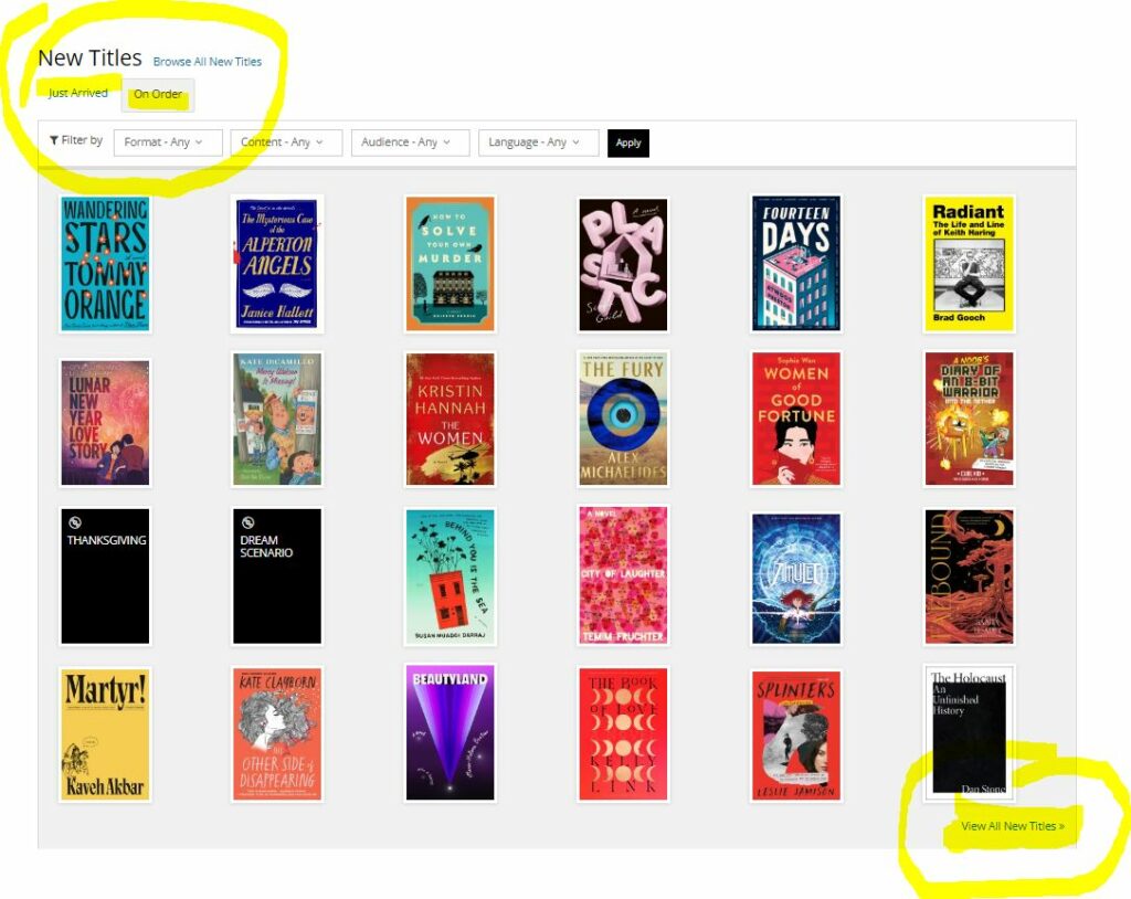 This image highlights the "Just Arrived" and "On Order" tabs as well as the "View All New Titles" tab on the website.
