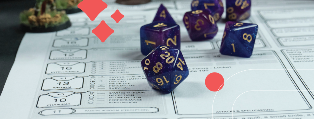 Multi-sided dice on a character sheet with D&D figurines.