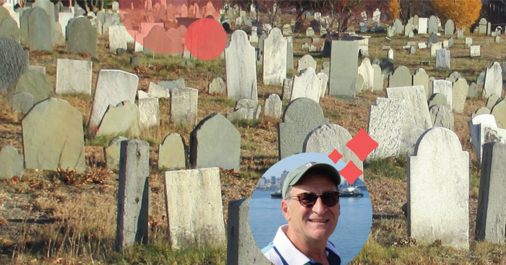Mark Romano, Cemetery Historian, pictured in front of Portland's historic East End Cemetery