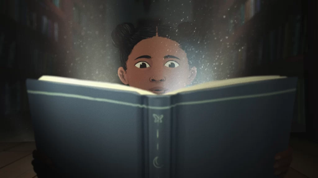 still from a movie showing a girl reading from a glowing book