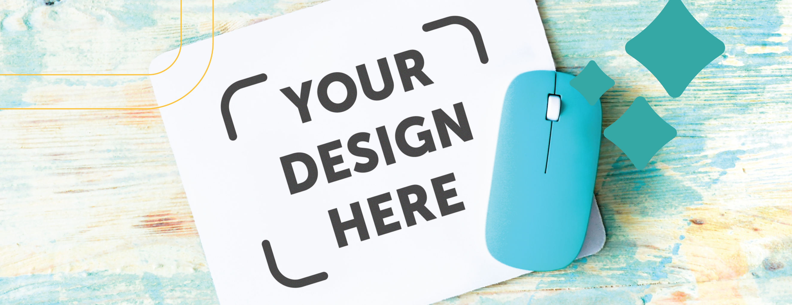 a computer mouse on a blank mouse pad that says "your design here"