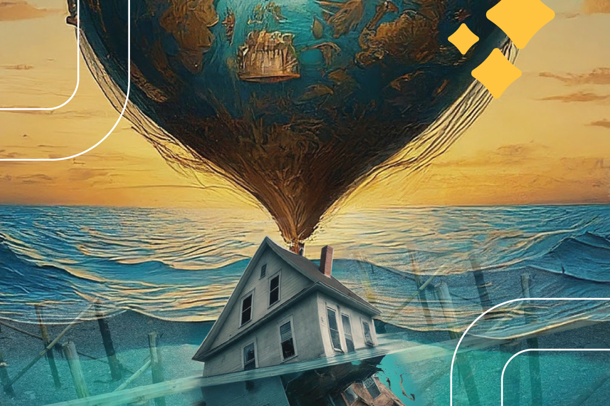 If the earth were a balloon, it's attached to a house that is sinking into what appears to be the ocean
